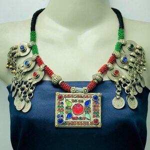 Green and Red Beaded Necklace With Vintage Coins and Big Pendant Antique Tribal